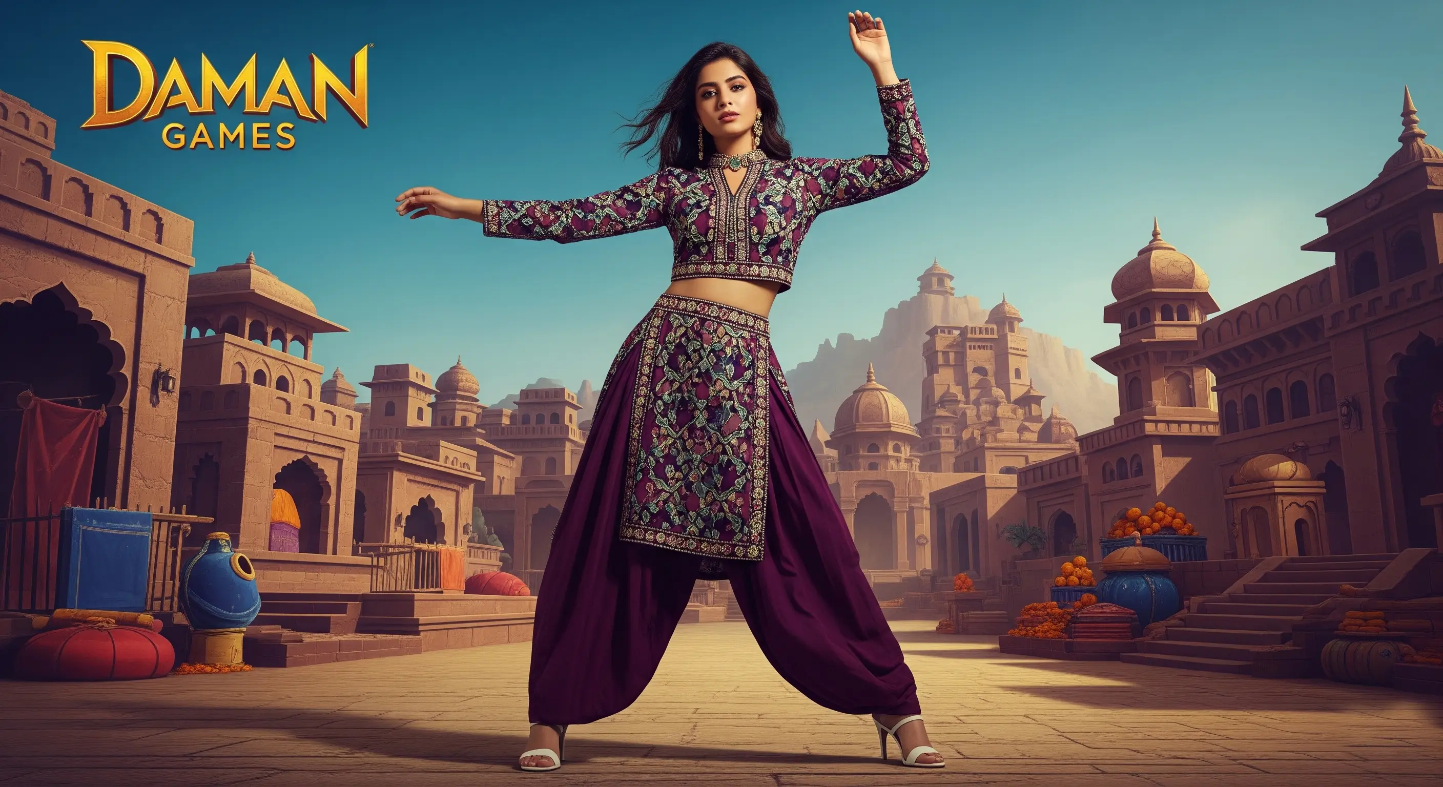 A collage of Indian cultural elements blended with digital gaming visuals, symbolizing integration.
