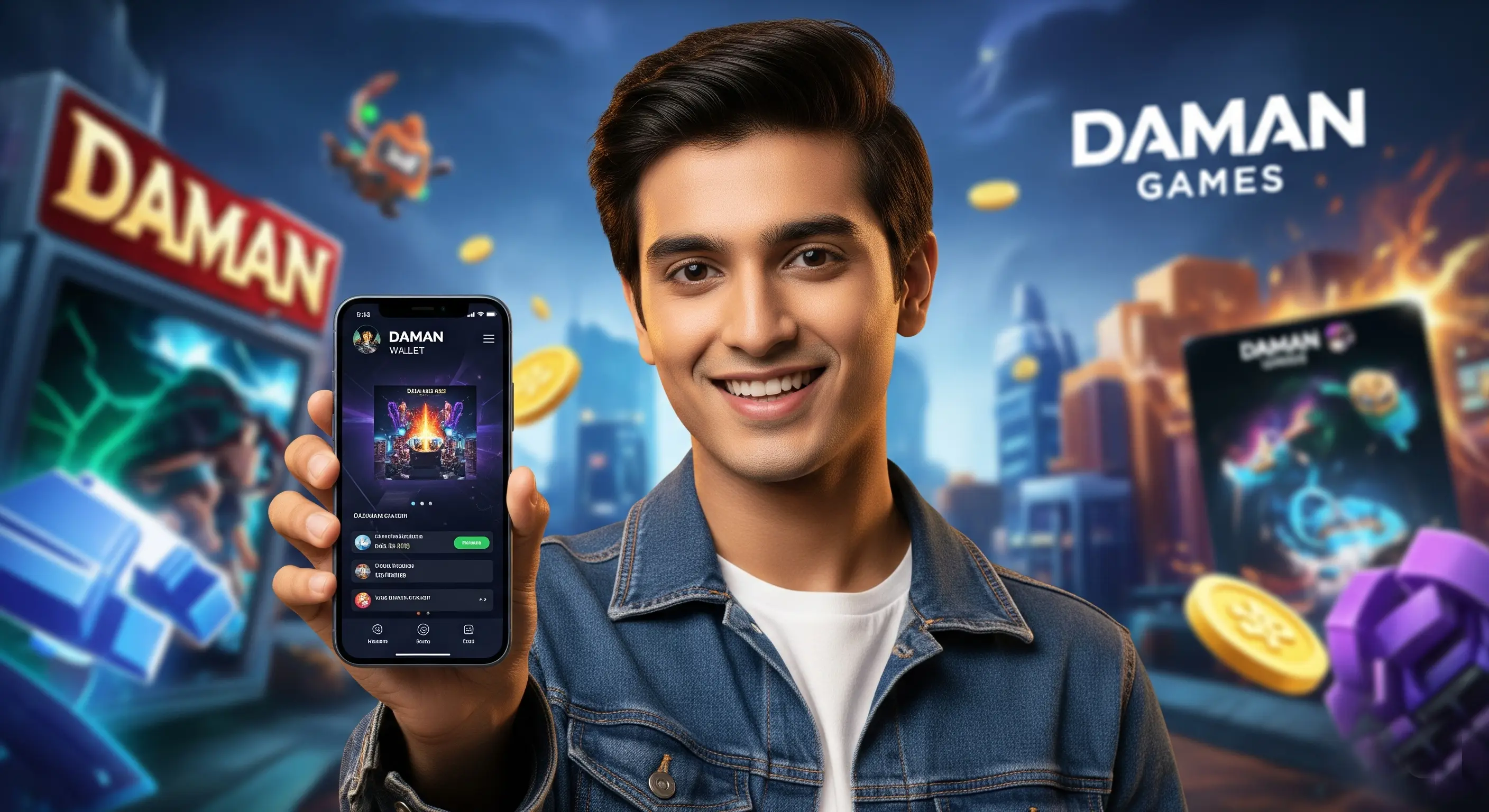 A graphic of the Daman Games wallet interface, highlighting the Main and Bonus balances.