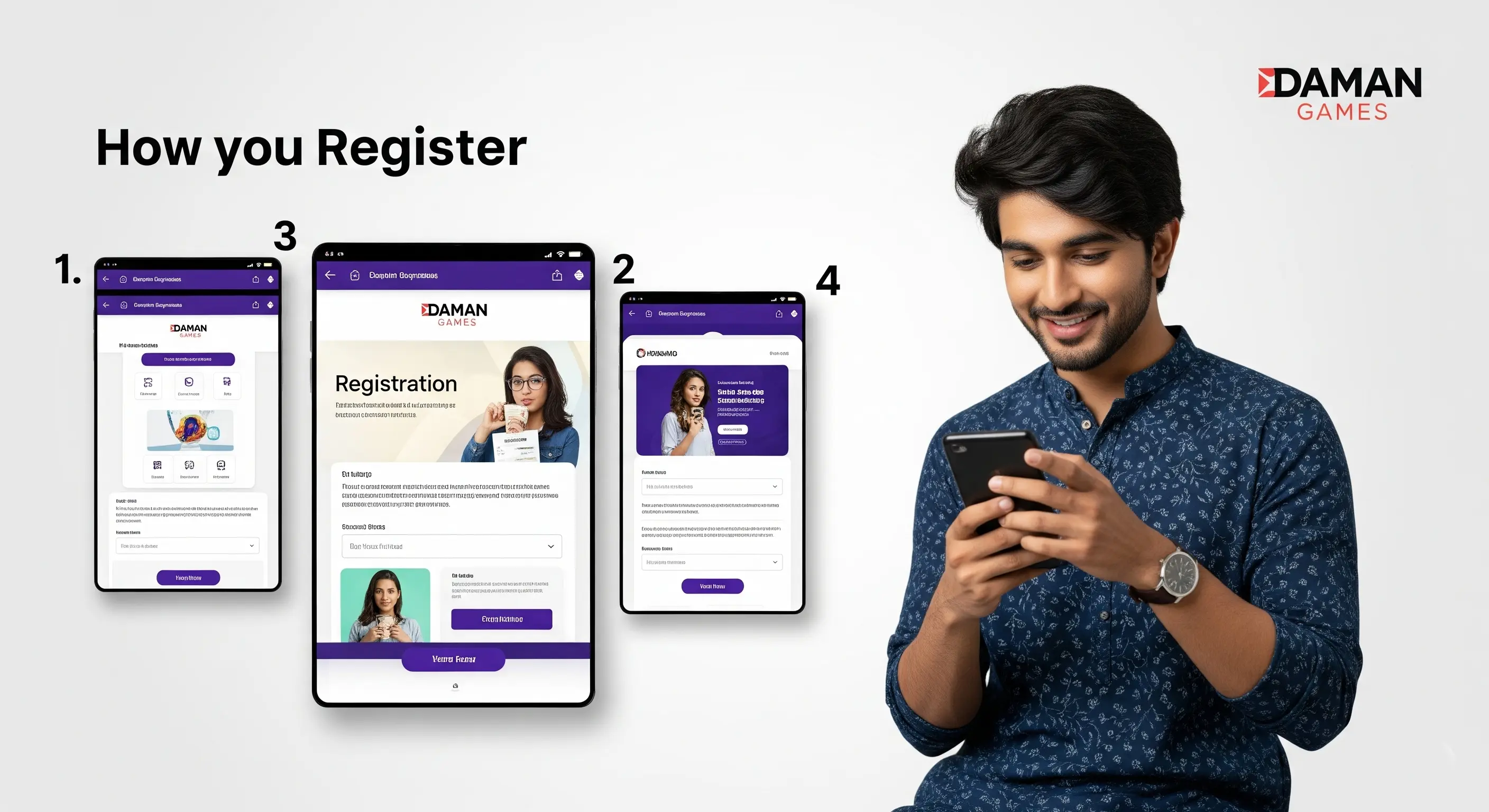 A step-by-step visual guide on how to register an account on Daman Games.