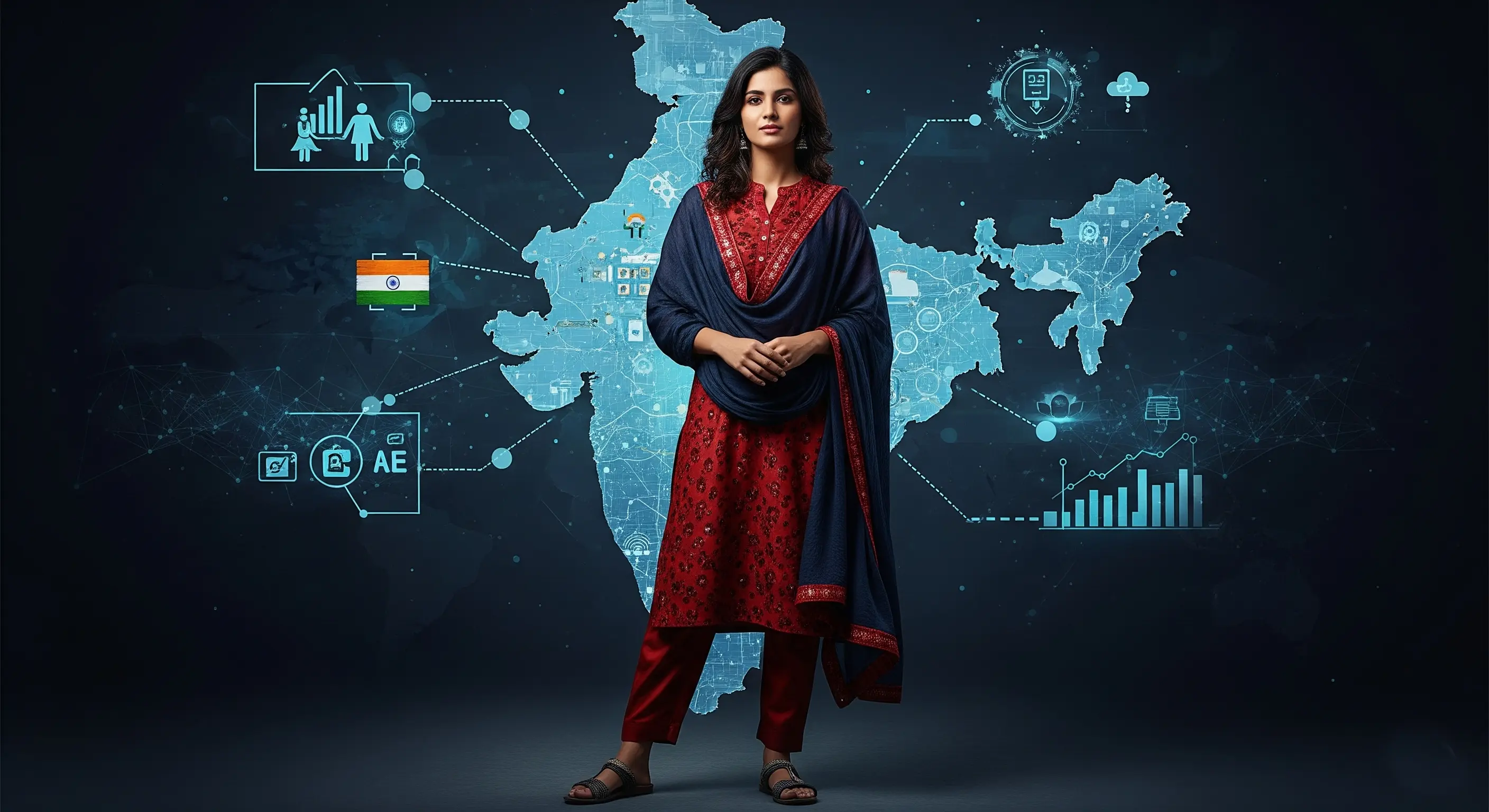 A graphic showing upward arrows and growth charts overlaid on a map of India, representing economic and digital expansion.