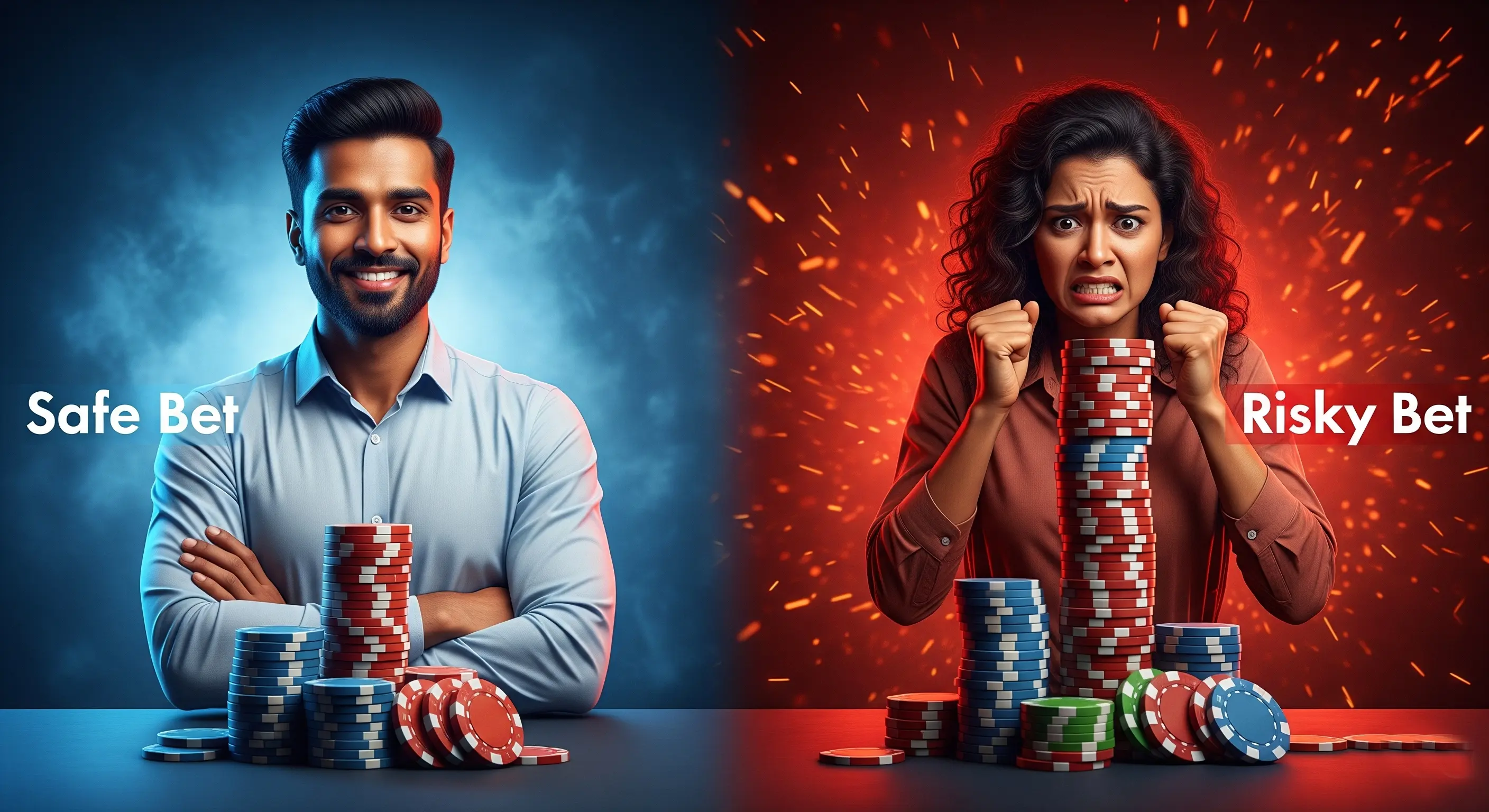 A graphic comparing a small, safe bet versus a large, risky bet.